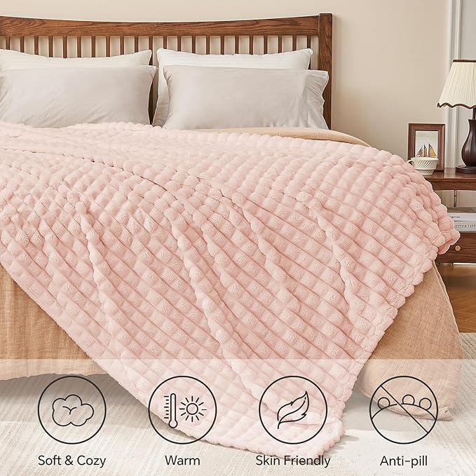 BEDELITE Updated Pink Throw Blanket for Couch and Bed- Super Soft and Warm 3D Checkered Fluffy Fuzzy Fleece Blanket, Luxurious Plush Cozy Blanket for Room Decor Spring, 50x60 inches