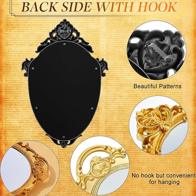 3 Styles Vintage Mirrors Set Decorative Oval Wall Mirror Small Antique Mirrored Tray Decorative Retro Hanging Mirror for Bathroom Bedroom Jewelry Organizer Victorian Decor(Gold)