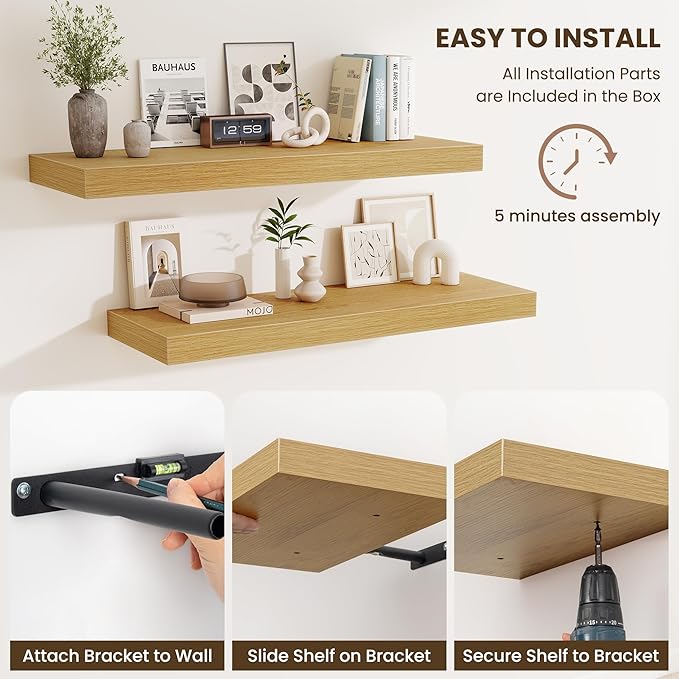 Fun Memories Floating Shelves for Wall, 40 Inch Floating Shelf for Home Decor, Wall Mounted Rustic Wood Shelves 12 Inch Deep, Hanging Deep Shelf for Bedroom, Living Room, Kitchen, Oak, Set of 2