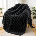 Exclusivo Mezcla Fleece Throw Blanket for Couch, Super Soft Striped Jacquard Bed Blanket, Lightweight Fuzzy Cozy for All Seasons, 50x60 Inches, Black