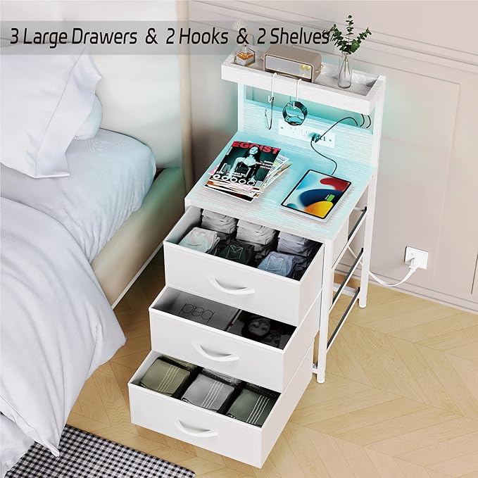 Night Stand with Charging Station Set of 2, LED Nightstand Bedside Table with USB Ports and Outlets, 3 Fabric Drawer End Side Table Dresser for Bedroom with Storage Shelf and 2 Hooks, White
