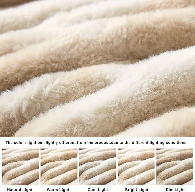 WDCOZY Ruched Faux Fur Throw Blanket Soft Cozy Fluffy Luxurious Blankets Couch Bed Sofa Chair Home Decor Warm Furry Fall Winter Plush Rabbit Fur Bubble Blanket 60" x 80", Caramel Beige Camel Neutral