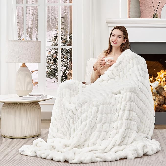 Touchat Ruched Faux Rabbit Fur Throw Blanket, 700 GSM Luxury Dual-Sided Soft Cozy Blanket, Fuzzy Fluffy Plush Blanket for Bed, Couch and Sofa - 50"x60", Cream White