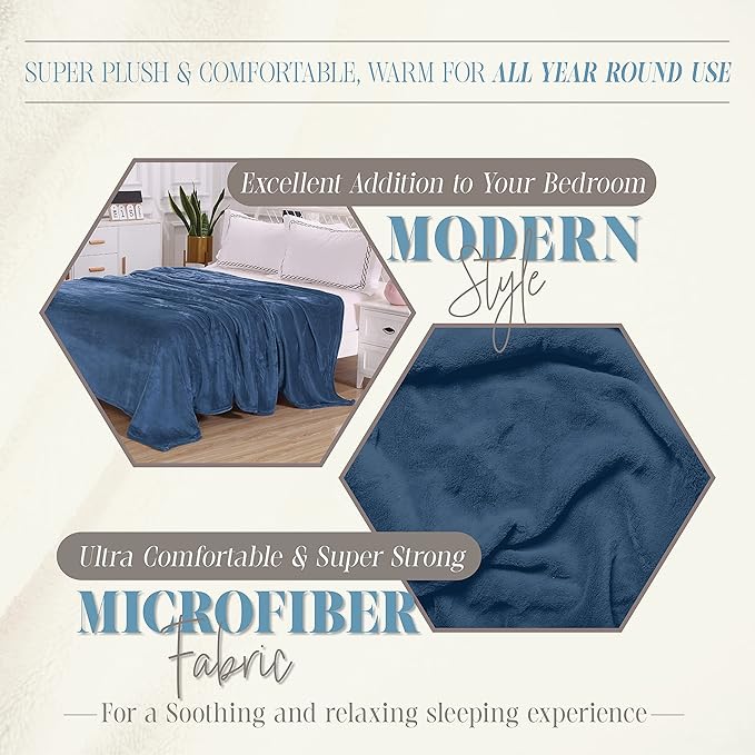 Elegant Comfort Luxury Velvety Feel Blanket, All-Season Lightweight Blanket, Ultra Plush, Soft, Cozy-Fuzzy Flannel Fleece for Couch, Sofa, Bed, Travel, Solid Design, Full/Queen, Navy Blue