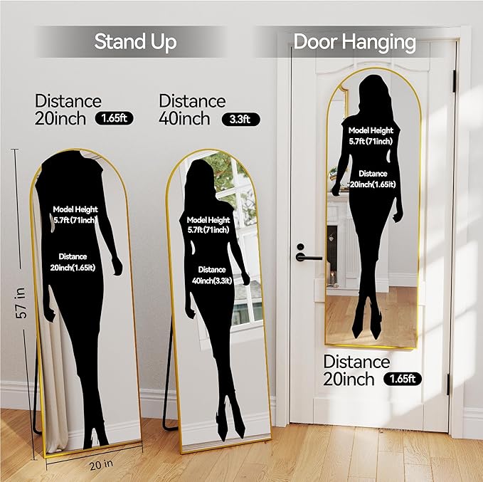 57x20 Door Hanging Full Length Mirror, Floor (Height 5.7ft just Body in1.3ft) or Wall Mounted Metal Frame Arch Dressing Mirrors for Bedroom Bathroom Living Room 57 20 inch Gold