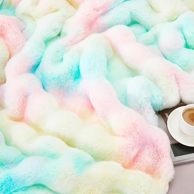 JONIYEAR Large Decorative Colorful Bubble Faux Rabbit Fur Bed Blanket Full Size 70" x 80", Soft Thick Warm Fluffy Blankets for Winter, Luxury Shag Big Cozy Fuzzy Furry Blanket for Women Girls, Rainbow