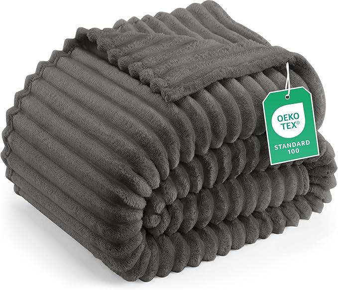 Utopia Bedding Grey Striped Fleece Blanket Twin Size – Fluffy, Warm & Lightweight Ribbed Throw for Bed, Sofa & Chair - Soft Cozy Blanket for Home Décor & Gifting (60x80 Inches)