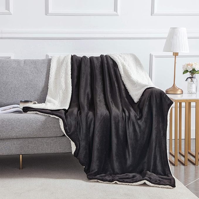 IR Imperial Rooms Sherpa Fleece Throw Blanket Twin Size for Couch - Thick and Warm Fluffy Black Blankets for Winter, Soft and Fuzzy Twin Blanket for Bed, 60x80 Inches