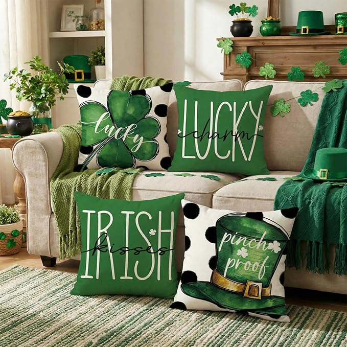 ONFAON St Patricks Day Pillow Covers 18x18 Set of 4 St Patricks Day Decorations Green Shamrock Farmhouse Holiday Green Themed Pillow Case Gift for Home Sofa Couch