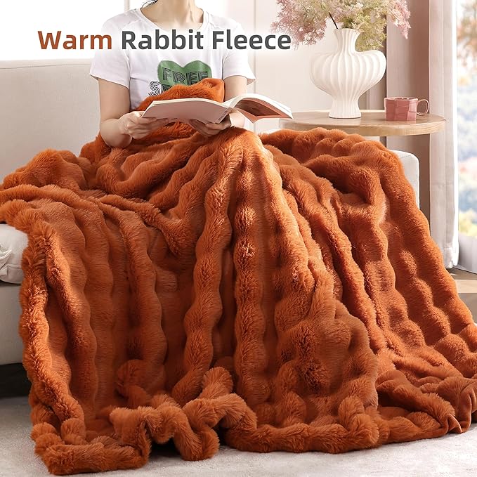 Smoofy Faux Fur Fall Throw Blanket for Couch – Burnt Orange Fluffy Cozy Rabbit Fleece, Plush Soft Bubble Blanket for Sofa & Bed, for Mom, Warm Fuzzy Home Room Decor Throw 50" x 60"