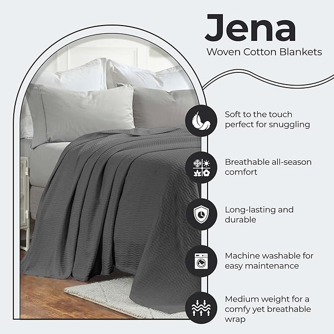 Superior JENA Cotton Blanket, for Picnic, Beach, Traveling or Camping, Bedroom Decor, Essentials, Cover for Bed, Couch, Lounging, Textured Jacquard, Modern Chevron Woven Blanket, Full/Queen, Charcoal