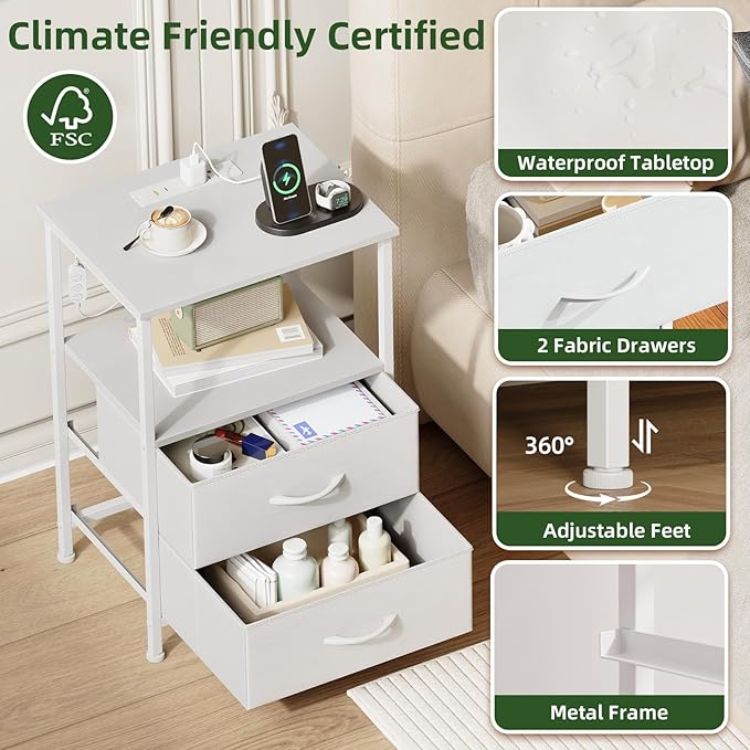 Somdot Nightstands Set of 2,End Tables with Charging Station and LED Lights,Night Stand with 2 Fabric Drawers, End Table with Open Shelf, Small Nightstand for Bedroom, White Leather