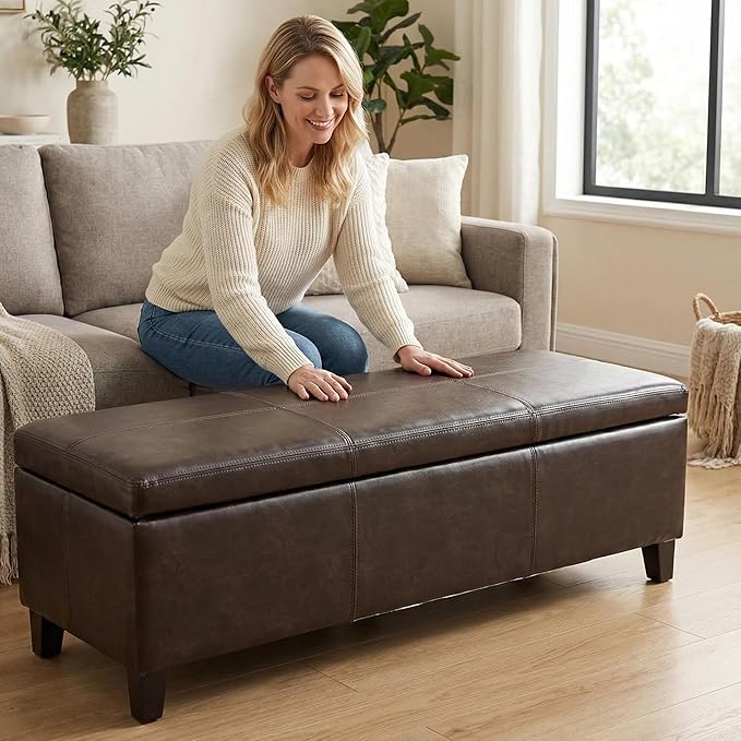 50.25" PU Leather Storage Ottoman Bench for Bedroom Bed End,Tufted Faux Leather Ottomans with Storage for Living Room,Bedside,Entryway,Modern Window Benches with Seating