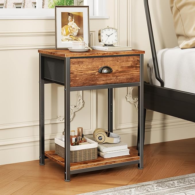 Furologee End Table with Storage Shelf and Fabric Drawer, 2 Tiers Industrial Nightstand, Bedside Table Organizer for Living Room Bedroom, Rustic Brown, Easy Assembly