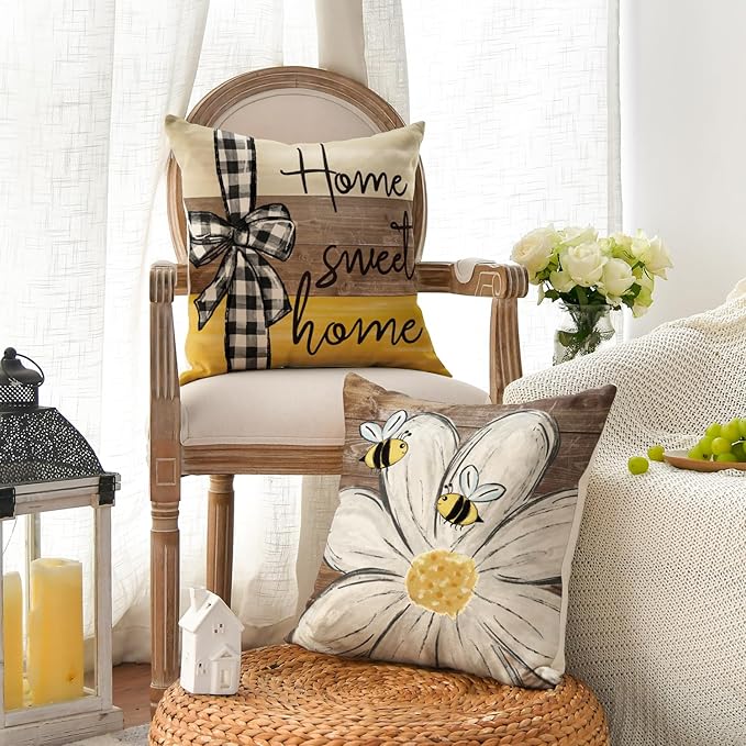 AVOIN colorlife Home Sweet Home Bee Daisy Throw Pillow Covers, 20 x 20 Inch Love Lives Here Spring Summer Stripes Polka Dots Cushion Case for Sofa Couch Set of 4