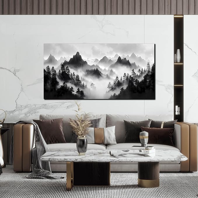 Forest Pictures Wall Art for Living Room Large Size - Mountain Landscape Art Wall Decor for Bedroom - Black and White Canvas Wall Art Size 29" x 59"