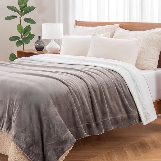 Berkshire Blanket-Sherpa Fleece Blanket, Warm and Soft Loftmink Reversible Blanket for Bed, Sofa and Travel, Charcoal Grey, 90 in x 90 in
