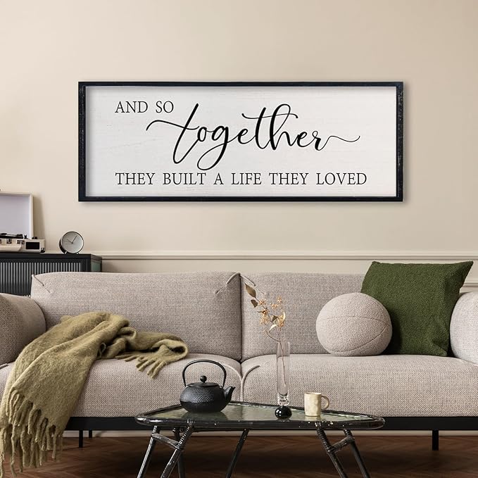 comurdyo Love Quote Wall Art And So Together They Built A Life They Loved Sign 32×12 Inch for Master Bedroom Over the Bed Living Room Farmhouse Rustic Wood Framed Wall Hanging Decor (Black)