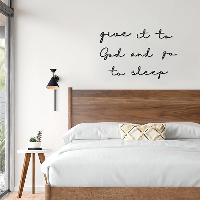 Give it to God Go to Sleep Metal Sign, 29.5 x 9 Inches, Bedroom Wall Art Above Bed, Black Metal Wall Decor
