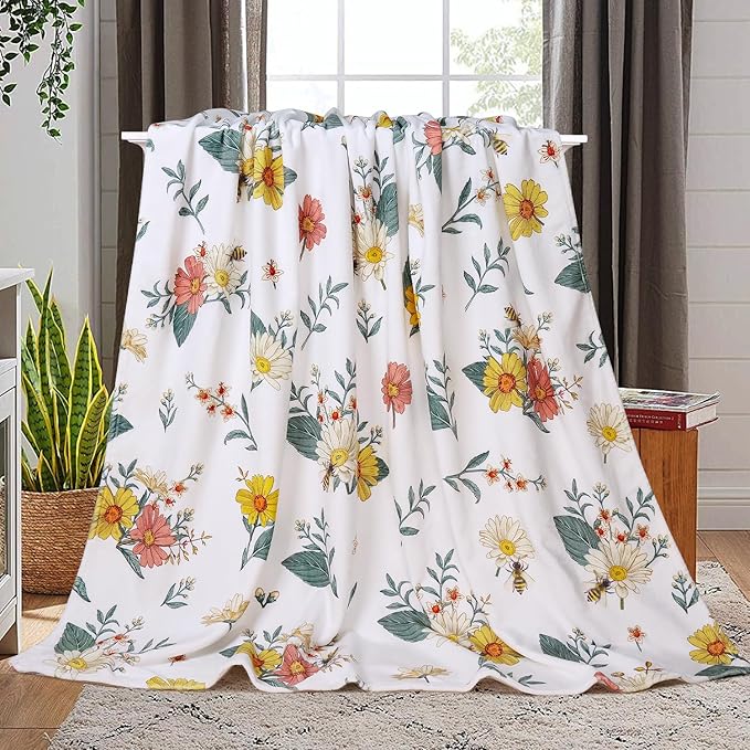 Floral Flower Throw Blanket Bee Flannel Fleece Throw Blanket Botanical Plant Cozy Fuzzy Plush Throw Blankets for Bed Chair Couch 50" X 60"