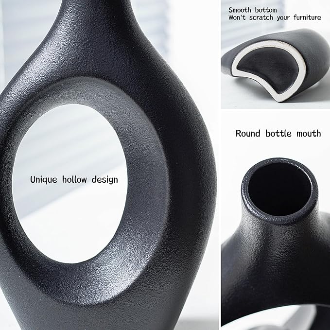 XL Black and Beige Snuggle Hollow Ceramic Vase of 2 for Coffee Table Decor, Modern Minimalist Aesthetic Donut Floral Vases, for Home Living Room Entryway Table Shelves Decorative (W 6.8" X H 11")