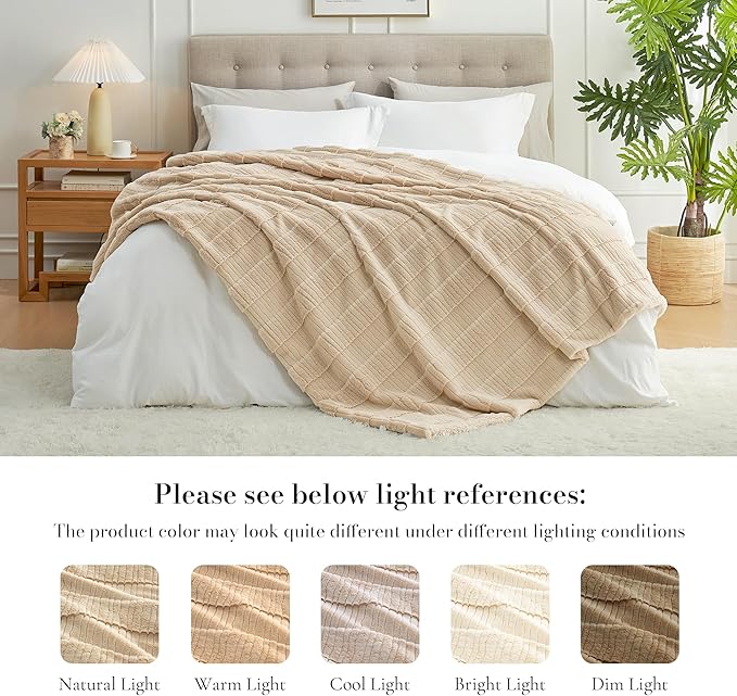 Amélie Home Luxury Striped Faux Fur Throw Blanket for Couch, Soft Cozy Fuzzy Fluffy Soft Plush Blankets Sofa Chair Gift Blankets for Women, 60"x80", Beige