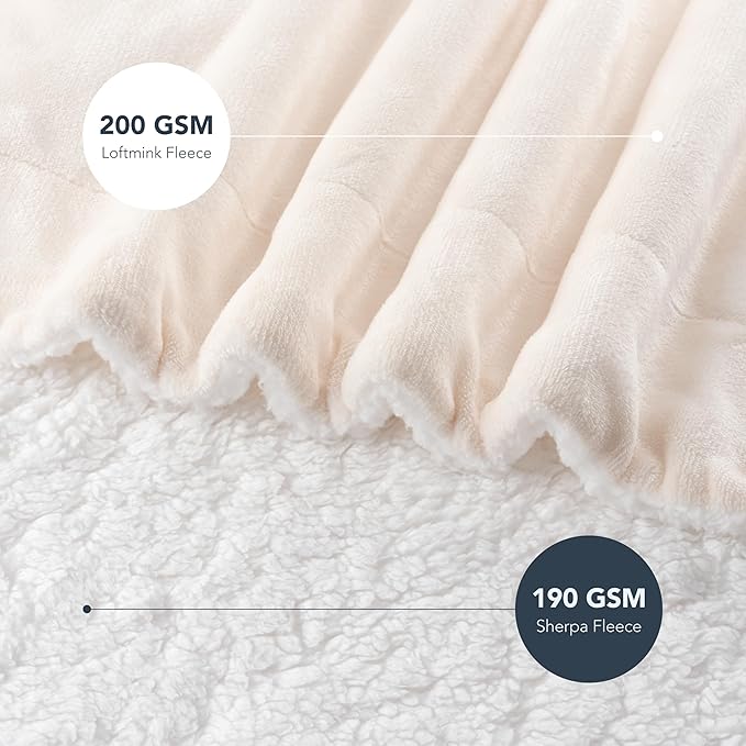 Berkshire Blanket-Sherpa Fleece Blanket, Warm and Soft Loftmink Reversible Blanket for Bed, Sofa and Travel, Cream, 90 in x 108 in