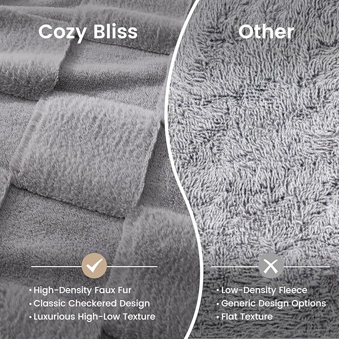 Cozy Bliss Checkered Faux Rabbit Fur Blanket King Size for Bed, Soft Fuzzy Blankets for Women Men, Large Furry Fleece Throw for Bedroom Decor (Grey, 108" x 90")