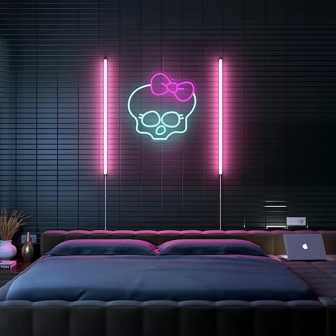 Skull Neon Sign for Room Decor Monster High Neon Light LED Skull with bow Sign Neon Sign for TV Series Fans Gifts Man Cave Wall Decor Dormitory Decoration USB Powered Dimmable 13"*12.6"