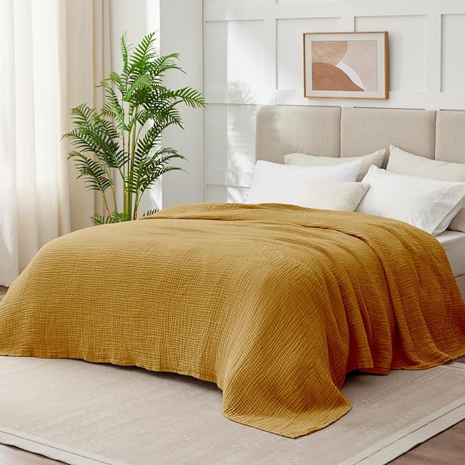 100% Cotton Muslin Blanket Queen 90" x 90", 6 Layers Breathable and Lightweight Cotton Throw Blankets for Bed, Soft Cooling Summer Gauze Blanket for Adults All Season, Mustard