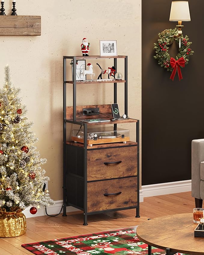 WLIVE Nightstand with Charging Station, LED Night Stand with 2 Drawers and 4 Storage Open Shelves, Fabric Dresser for Bedroom, Rustic Brown