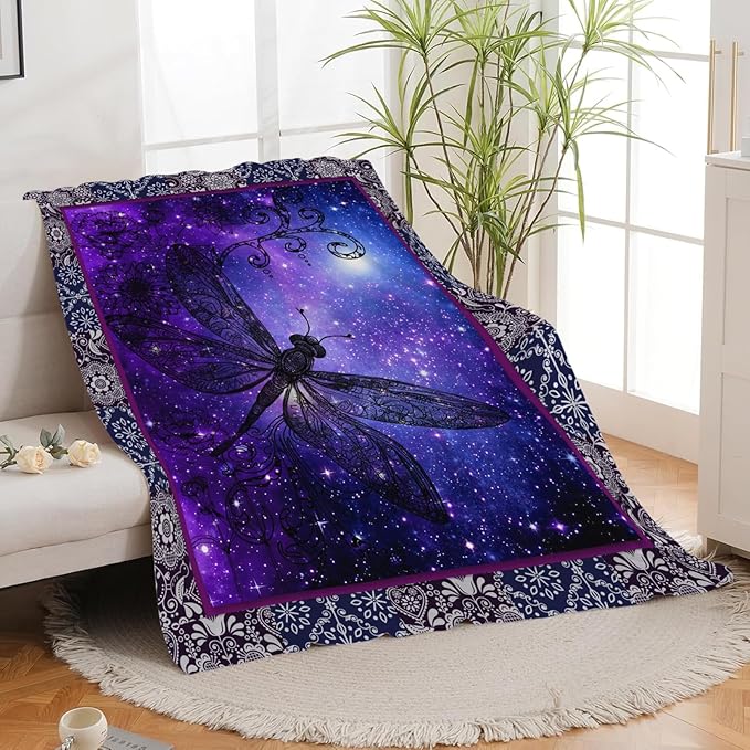 Dragonfly Blanket for Girls Women Boys Men Adults Kids Soft Cozy Fleece Purple Galaxy Starry Dragonfly Throw Blankets Gifts Warm Flannel Plush Lightweight Decor for Couch Bed Sofa 50"X40"