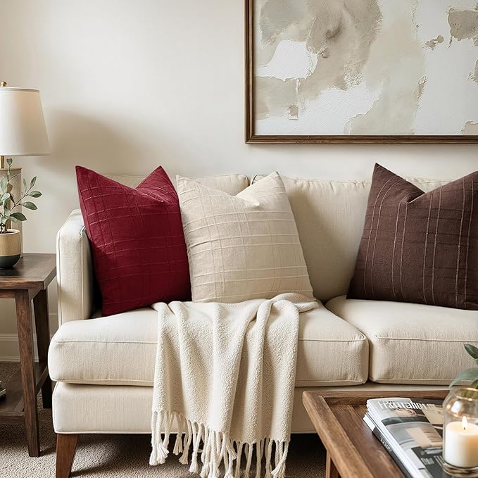 MIULEE Decorative Linen Check Euro Shams Throw Pillow Covers Neutral Farmhouse Vintage Pillow Covers 24x24 Set of 2 Boho Modern Home Decor for Sofa Couch Bedroom Cushion Burgundy