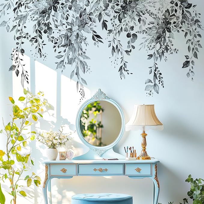Black Plants Leaves Wall Decals Peel and Stick, Large Floral Flowers Vinyl Wall Stickers, Removable Vine Home Decor Art for Bedroom Living Room Classroom Office