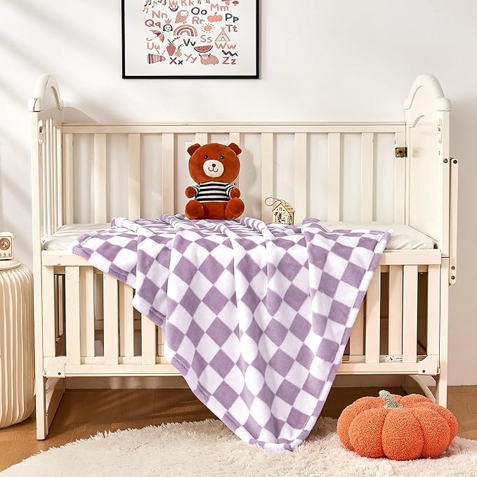 Yurhap Checkered Baby Blanket Fleece Baby Blankets for Girls, Ultra Soft Cozy Fluffy Infant Toddler Newborn Receiving Blankets for Crib Stroller, 30''x40'', Purple