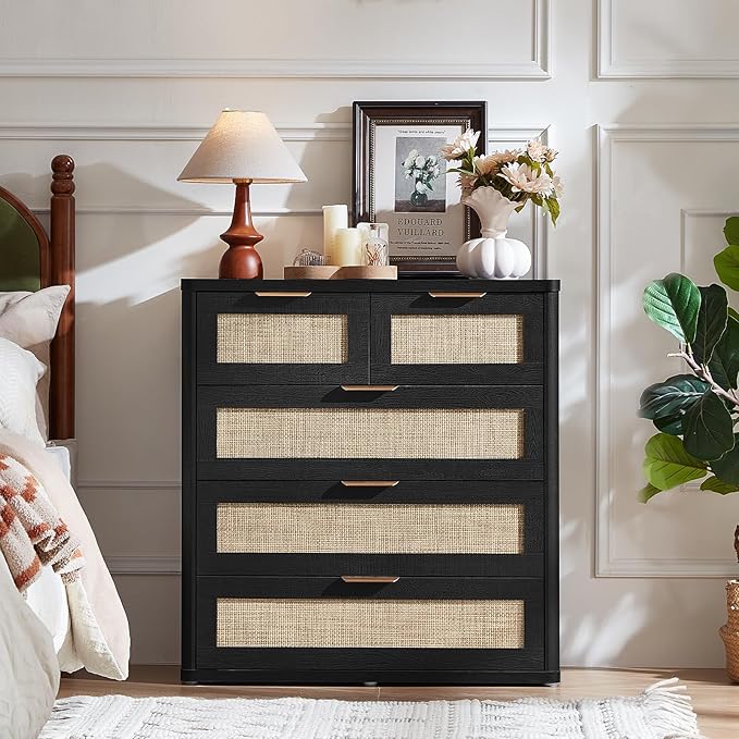 LEYAOYAO Rattan Dresser for Bedroom Set of 2, 33.5" Tall Chest of Drawers, Modern 5 Drawers Boho Dressers with Storage, Light Oak Dresser Wooden Closet Organizer for Living Room, Hallway, Black