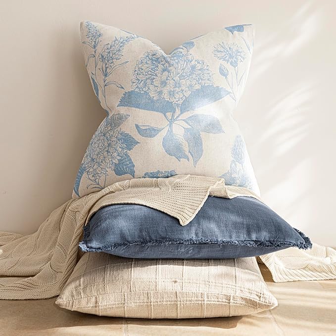 Foindtower Set of 2 Linen Floral Vintage Throw Pillow Covers Neutral Accent Decorative Cozy Cushion Covers Farmhouse Boho Home Decor for Sofa Chair Couch Bedroom Living Room,18×18 Inch,Sky Blue