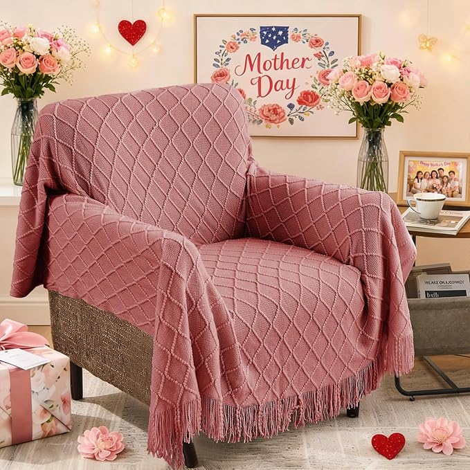 inhand Coral Pink Knitted Throw Blanket for Couch Bed, Mothers Day/Mom Birthday Gifts for Mom from Daughter Son, Soft Lightweight with Tassels, Farmhouse Warm Decorative Blanket for Women, 50"x60"