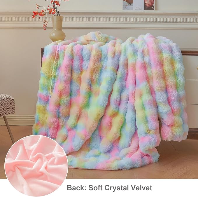 LIFEREVO Fluffy Faux Rabbit Fur Bubble Blanket, Tie Dye Plush Shaggy Throw Couch Sofa, Cozy Comfy Furry Big Bed Blanket Adults Kids Girls, Aesthetic Fuzzy Throw for Bedroom Living Room, 60x90, Rainbow