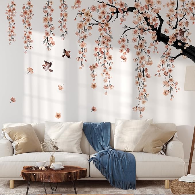 Large Cherry Blossom Tree Wall Stickers,4 Sheets Spring Light Pink Flower Bird Wall Decals Peel and Stick Waterproof Wall Murals Decor for Living Room Bedroom (Light Pink, 11.8*35.4inch)