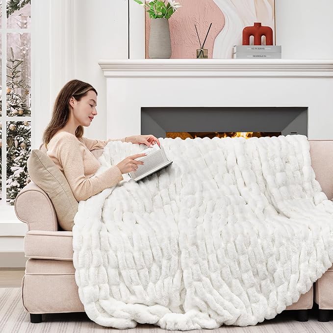 Touchat Ruched Faux Rabbit Fur Blanket, 700 GSM Luxury Dual-Sided Soft Cozy Blanket, Fuzzy Fluffy Plush Throw for Bed, Couch and Sofa - 60"x80", Cream White