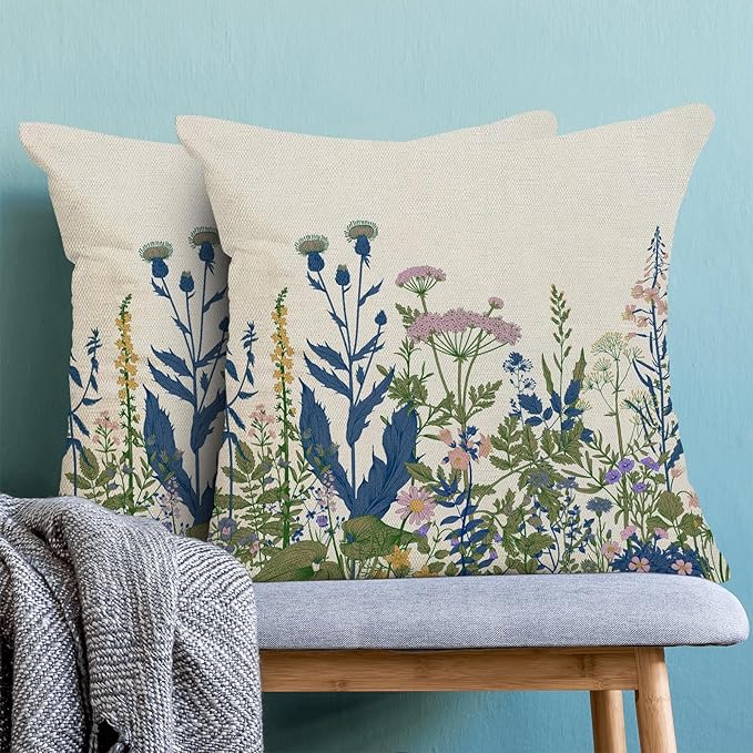AEIOAE Navy Blue Teal Pillow Covers 22x22 Inch Set of 2, Spring Wildflower Plant Throw Pillows Case,Seasonal Floral Outdoor Decorative Flowers Farmhouse Decor Cushion Covers for Home Sofa Bed Couch