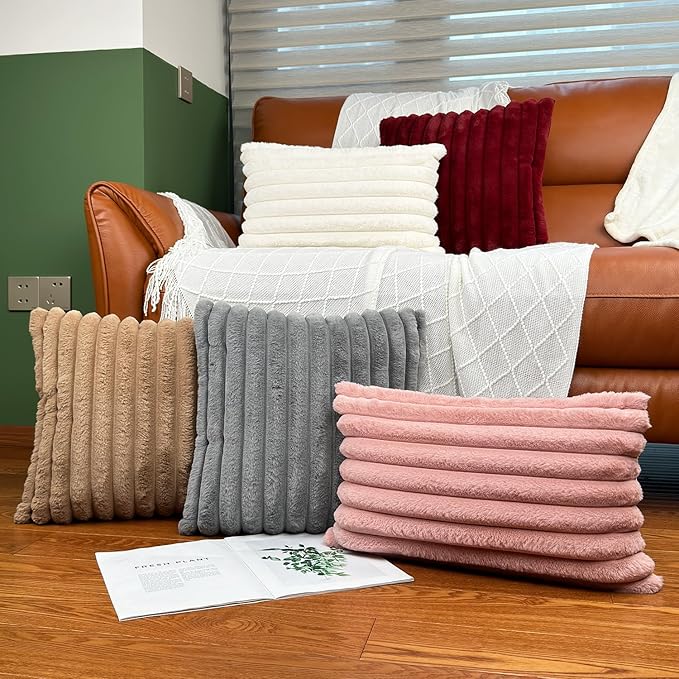24x24 Pillow Covers, Decorative Faux Fur Throw Pillow Covers for Couch, Sofa Soft Fluffy Pillow Cover with Velvet Back for Living Room, Neutral Home Décor Accent for Bed - Cream White