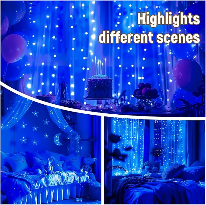 HXWEIYE 300LED Untangled Curtain Lights, 9.8x9.8Ft USB Fairy Twinkle String Lights with Remote and DIY Timer, 8 Modes Window Wall Hanging Light for Bedroom Dorm Backdrop Room Decor, Blue