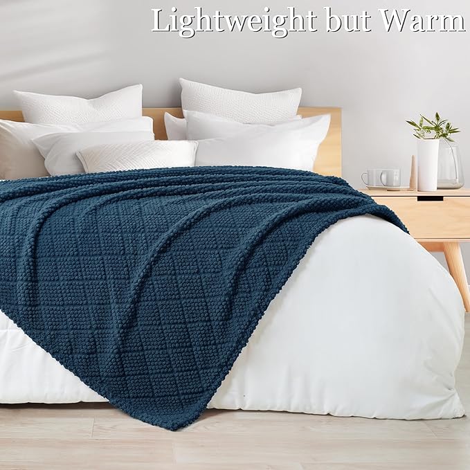 Whale Flotilla Fuzzy Fleece Queen Size Blanket for Bed, Soft Fluffy Jacquard Waffle Blankets for All Season, Lightweight and Warm, 90x90 Inch, Navy Blue