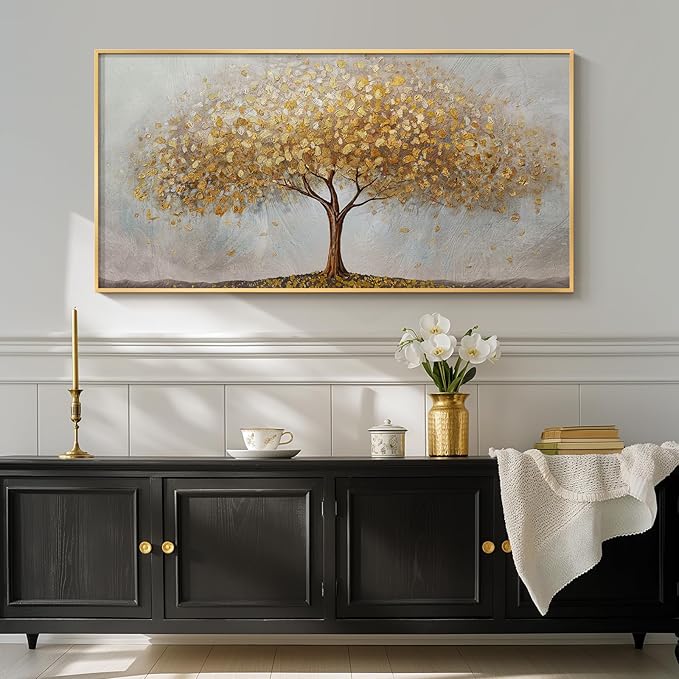 Gold Framed Tree of Life Wall Art, Large Modern Canvas Prints Paintings Artwork for Walls, Luxury Golden Big Tree Pictures for Living Room Bedroom Dining Room Fireplace Office Wall Decor, 48x24