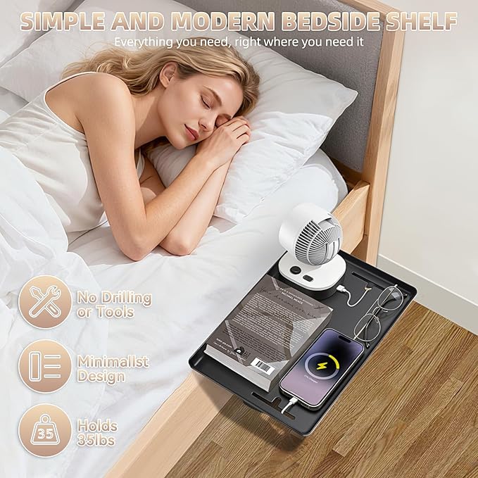 Bedside Shelf Dorm Bunk Bed, Bedside Caddy Shelf Dorm Bed, No Drill College Nightstand Organizer for Personal Items Books Glasses Apartment Bedroom Compact Space Solution Small+Black
