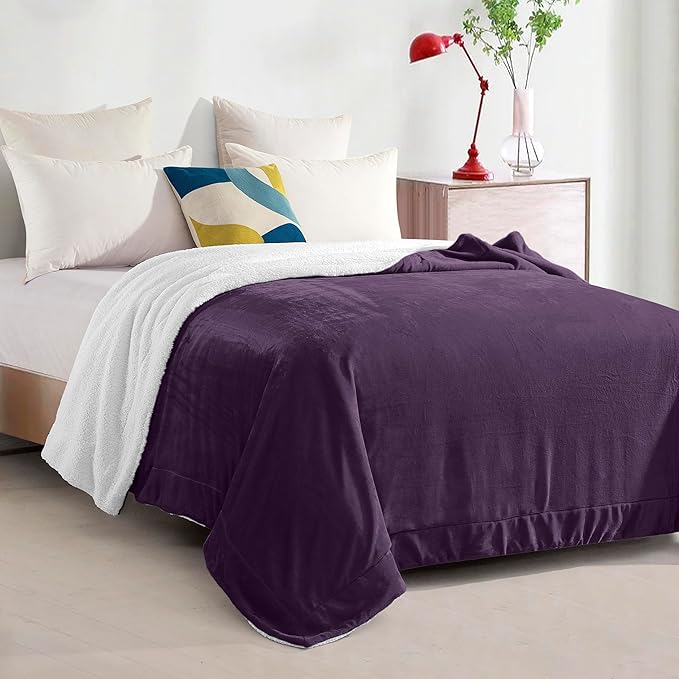 Elegant Comfort Ultra Soft Reversible Flannel Sherpa Blanket - Cozy Silky Fleece Throw for Couch, Bed - Plush Fuzzy Warm Winter Blanket for Gift, King, Purple