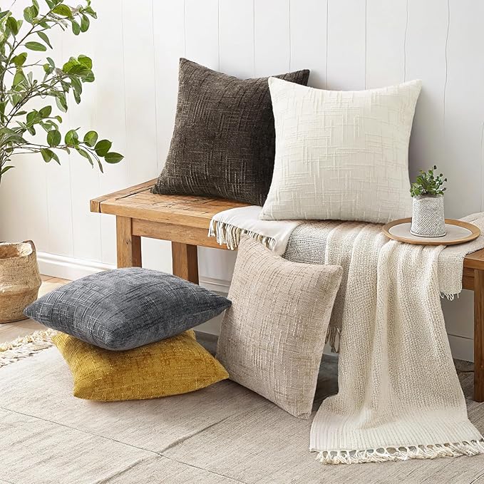 decorUhome Summer Cream White Chenille Throw Pillow Covers 18x18 Set of 2 Textured Cozy Slubby Couch Pillow Covers Modern Farmhouse Boho Decorative Pillow Cases for Bed Sofa Living Room