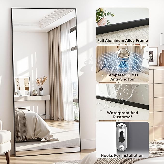 Antok Full Length Mirror, 76"x34" Floor Mirror with Stand, Hanging Mounted Mirrors for Bedroom, Living Room, Cloakroom, Dining Room, Black, Rect